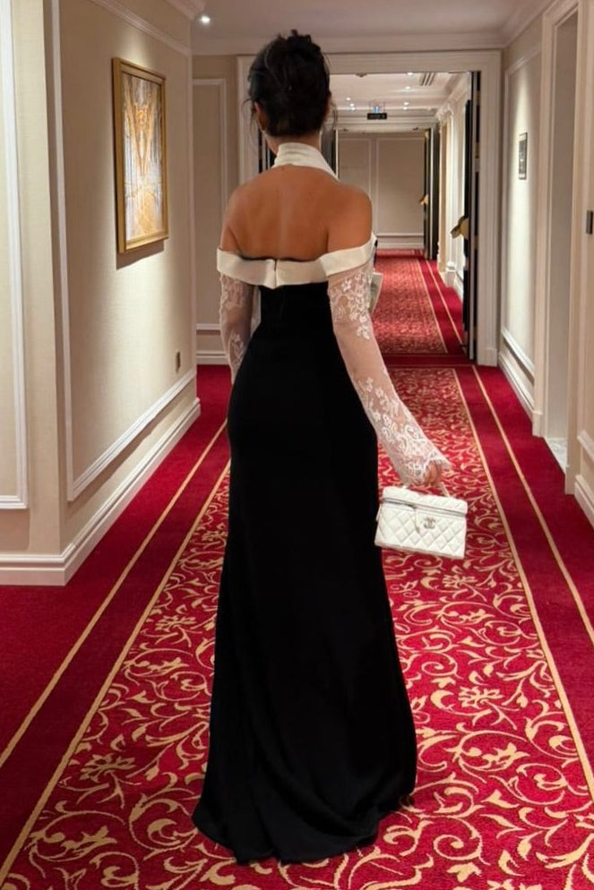 Halter Neck Sheath Gown with Lace Sleeves