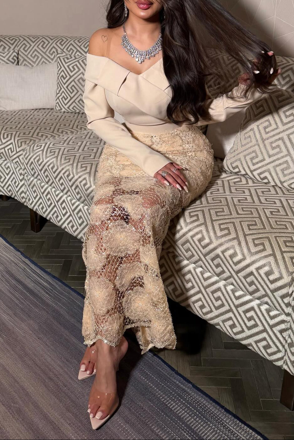 Off-the-Shoulder Long Sleeve Lace Evening Dress
