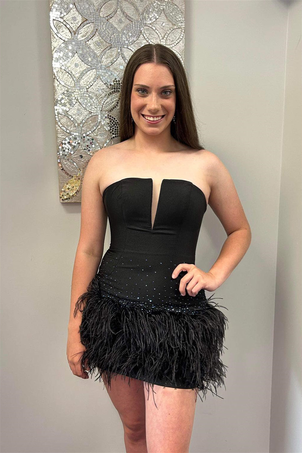 Strapless Feather Hem Mini Dress with Plunge