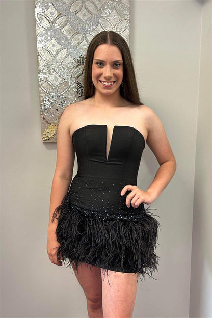 Strapless Feather Hem Mini Dress with Plunge