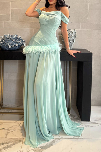Ruched Off-the-Shoulder Feather Trim Maxi Gown