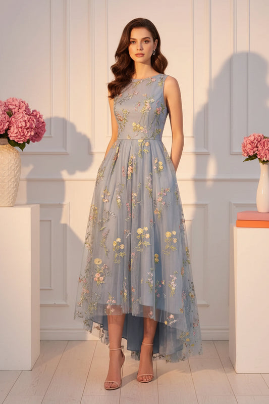 Floral Embroidered High-Low Midi Dress