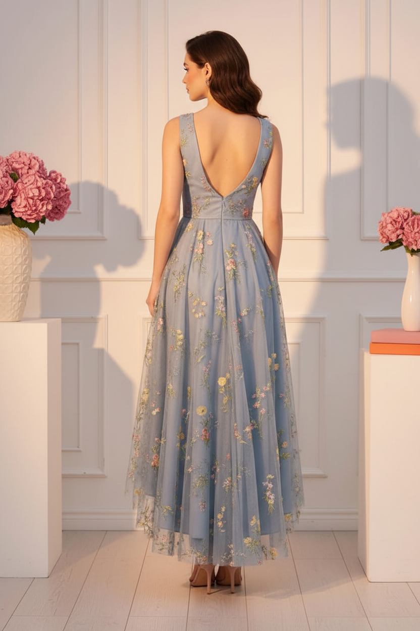 Floral Embroidered High-Low Midi Dress