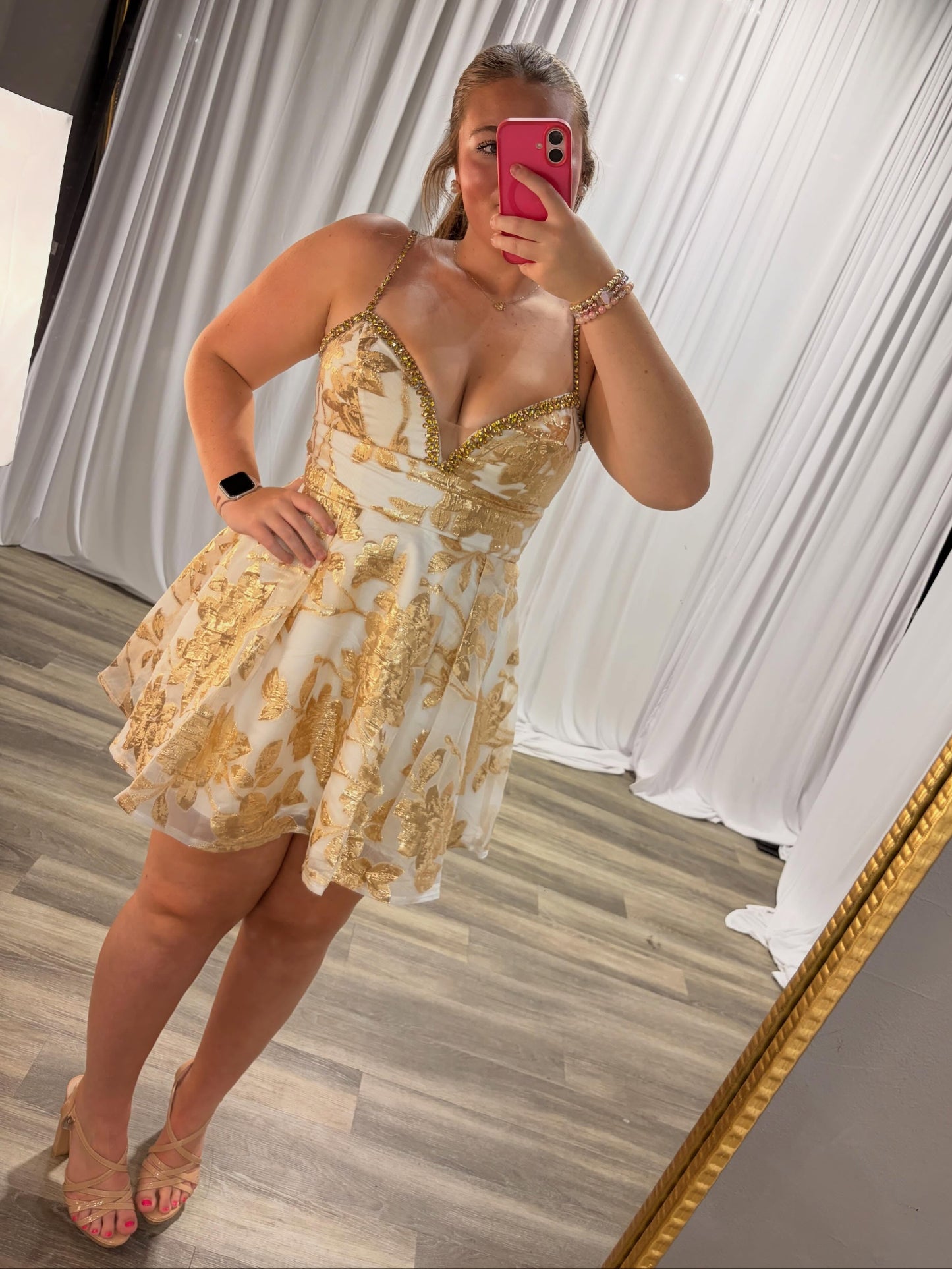 Floral Jacquard A-Line Mini Dress with Beaded Straps