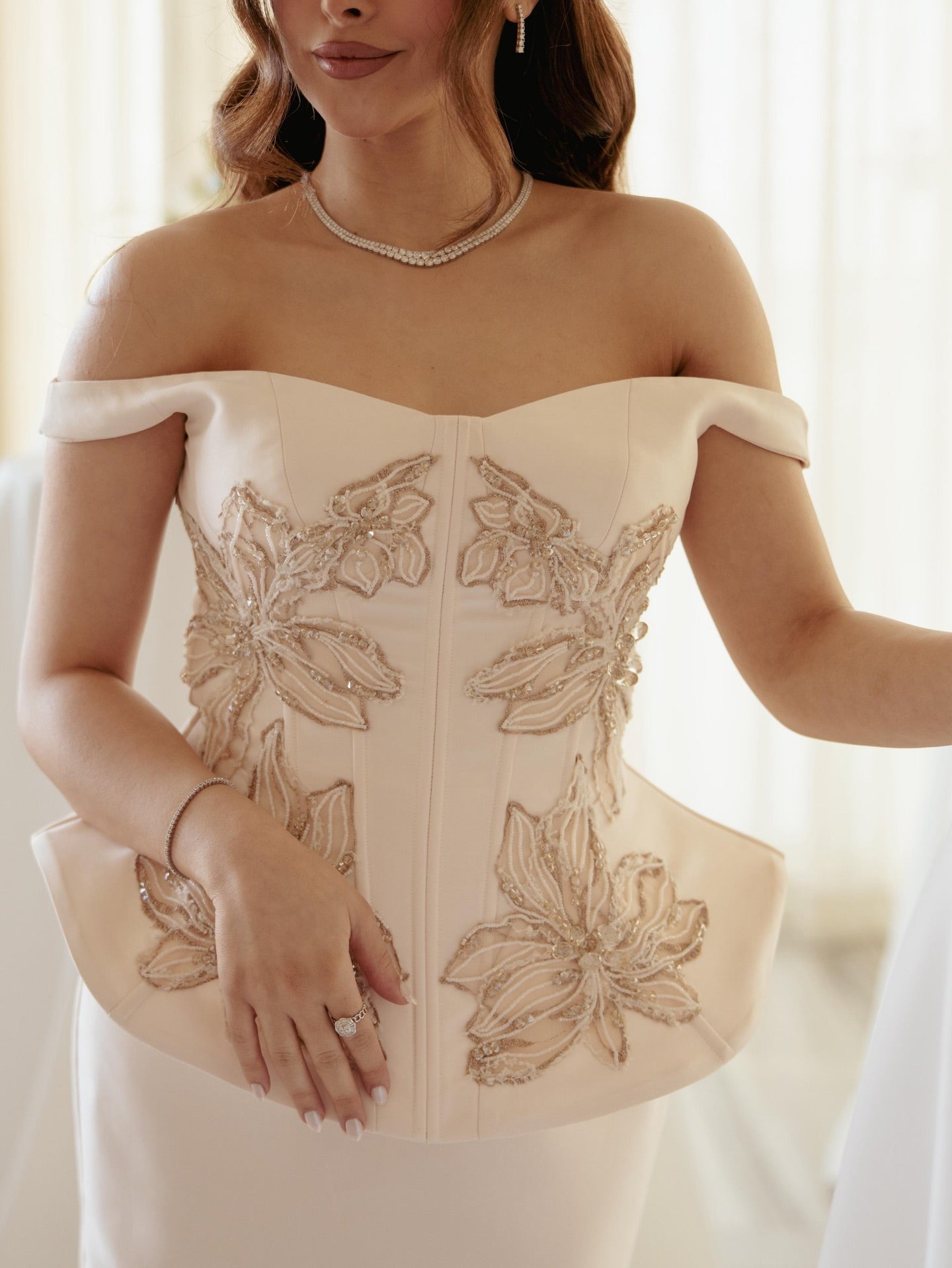 Off-the-Shoulder Peplum Corset Column Dress