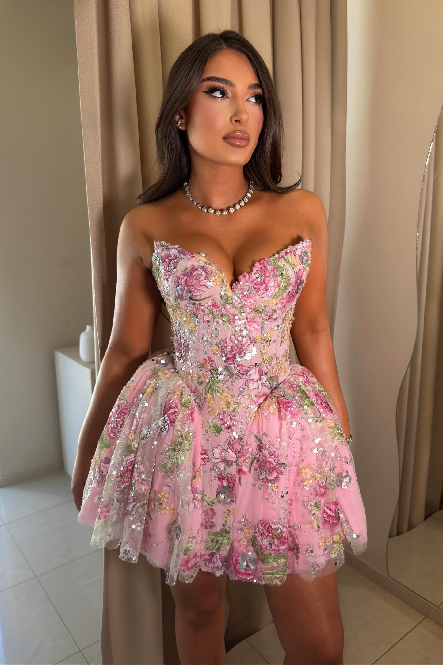 Strapless Corset Floral Bubble Skirt Mini Dress