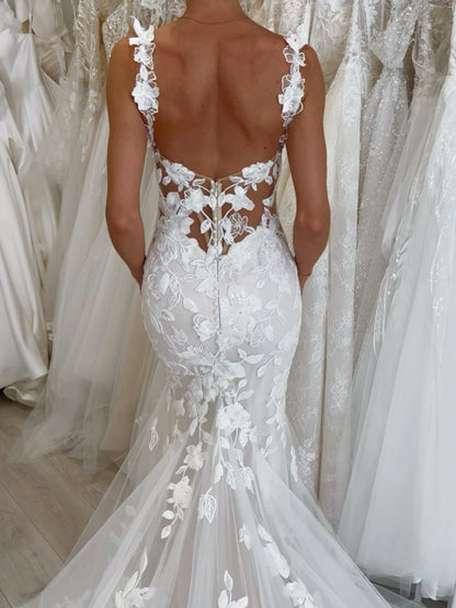 Floral Lace Mermaid Wedding Dress with Cathedral Train
