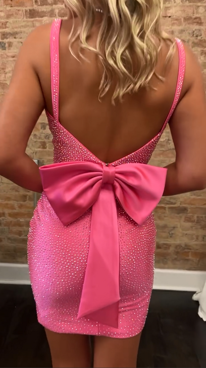 Rhinestone Mini Bodycon Dress with Oversized Back Bow