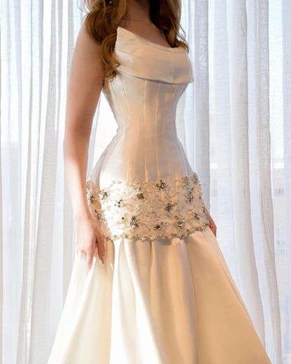 Cowl Neck Drop-Waist Beaded Gown