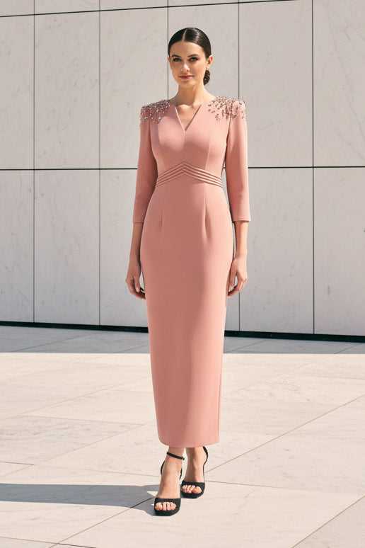 Beaded Shoulder Crepe Dress with 3/4 Sleeves