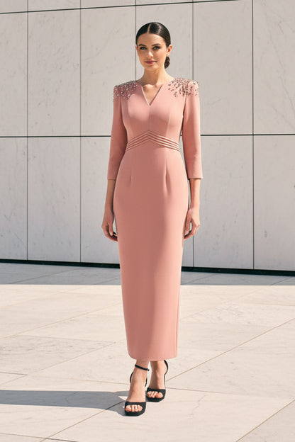 Beaded Shoulder Crepe Dress with 3/4 Sleeves