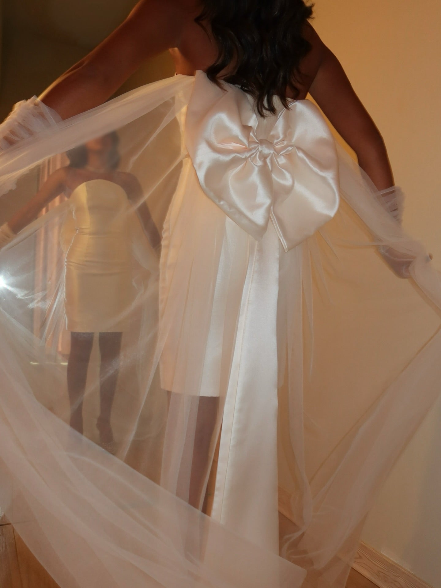 Strapless Satin Mini Bridal Dress with Bow Train