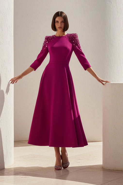 Elegant Beaded Shoulder A-Line Dress