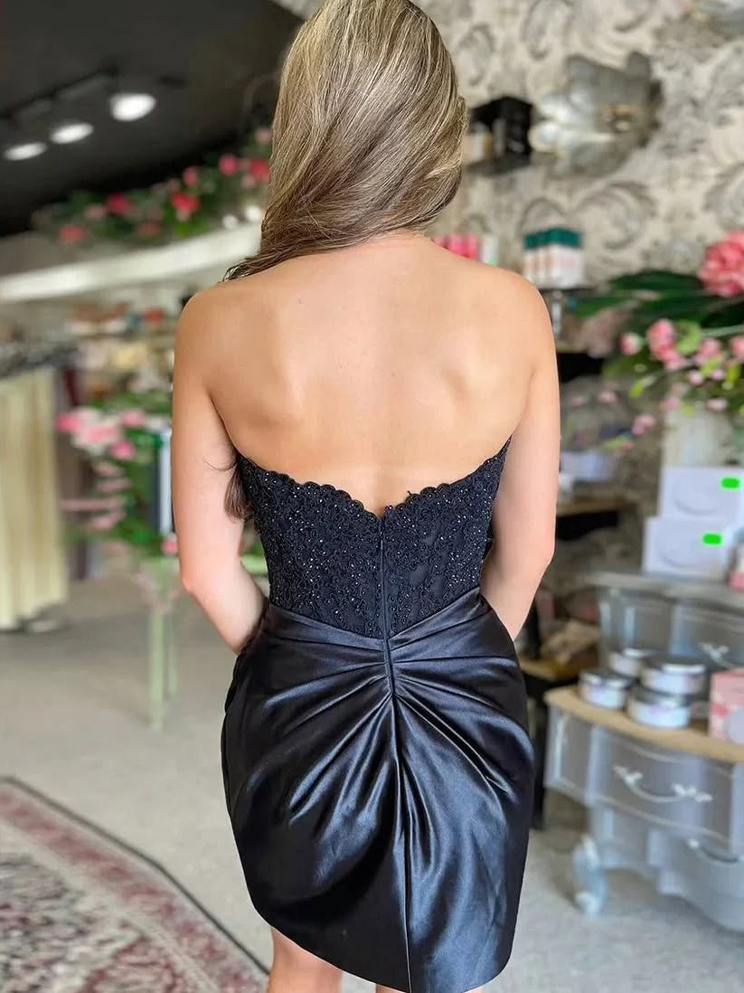 Strapless Lace and Satin Ruched Mini Dress