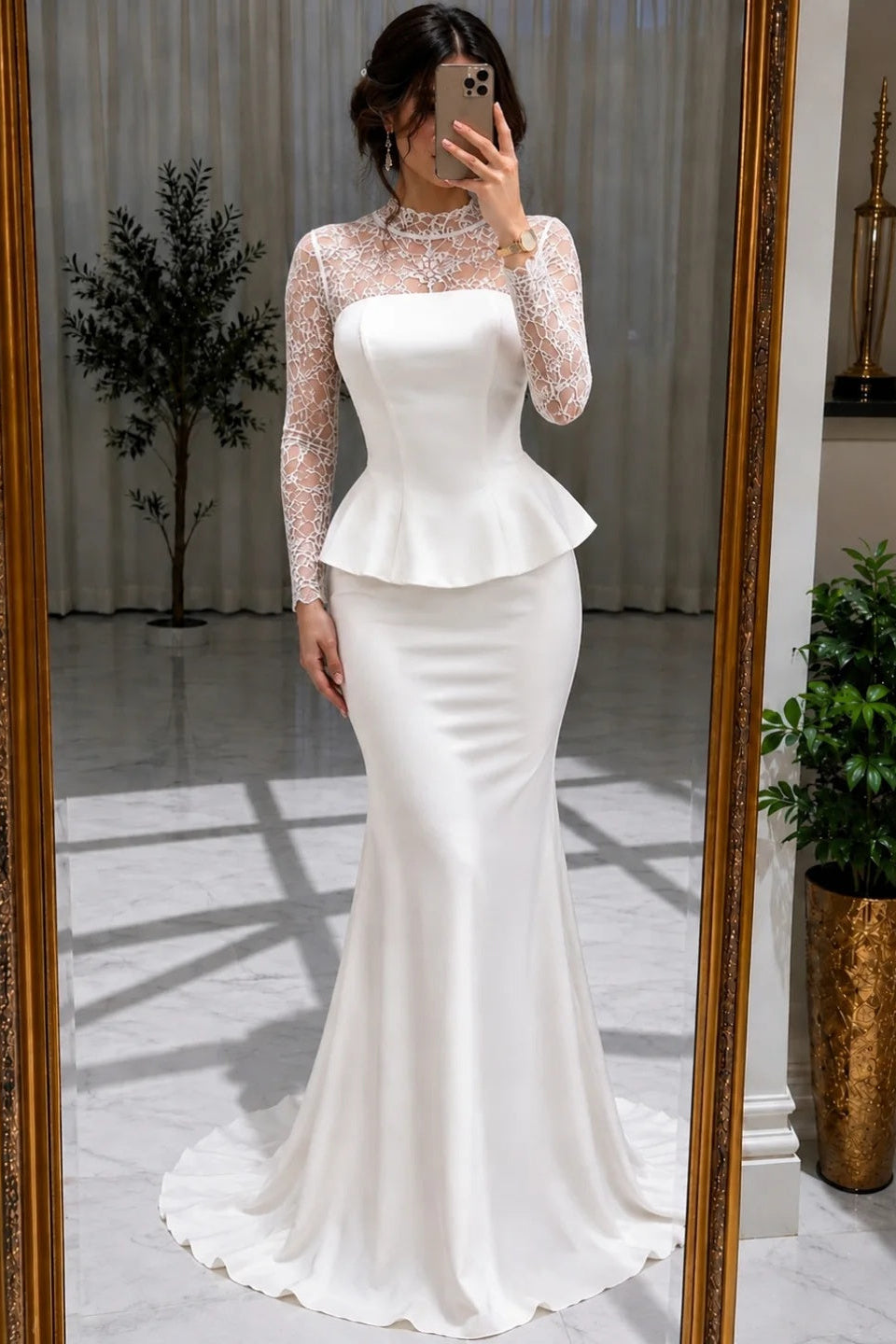 Illusion Lace Long Sleeve Peplum Mermaid Gown