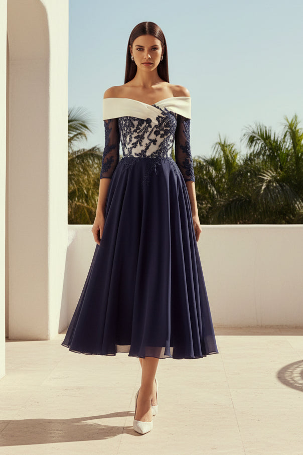 Off-the-Shoulder Lace A-Line Tea-Length Dress