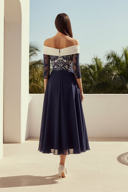 Off-the-Shoulder Lace A-Line Tea-Length Dress