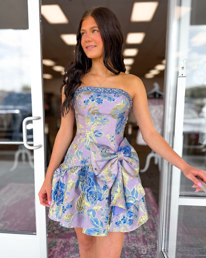Strapless Floral Jacquard Mini Dress with Statement Bow