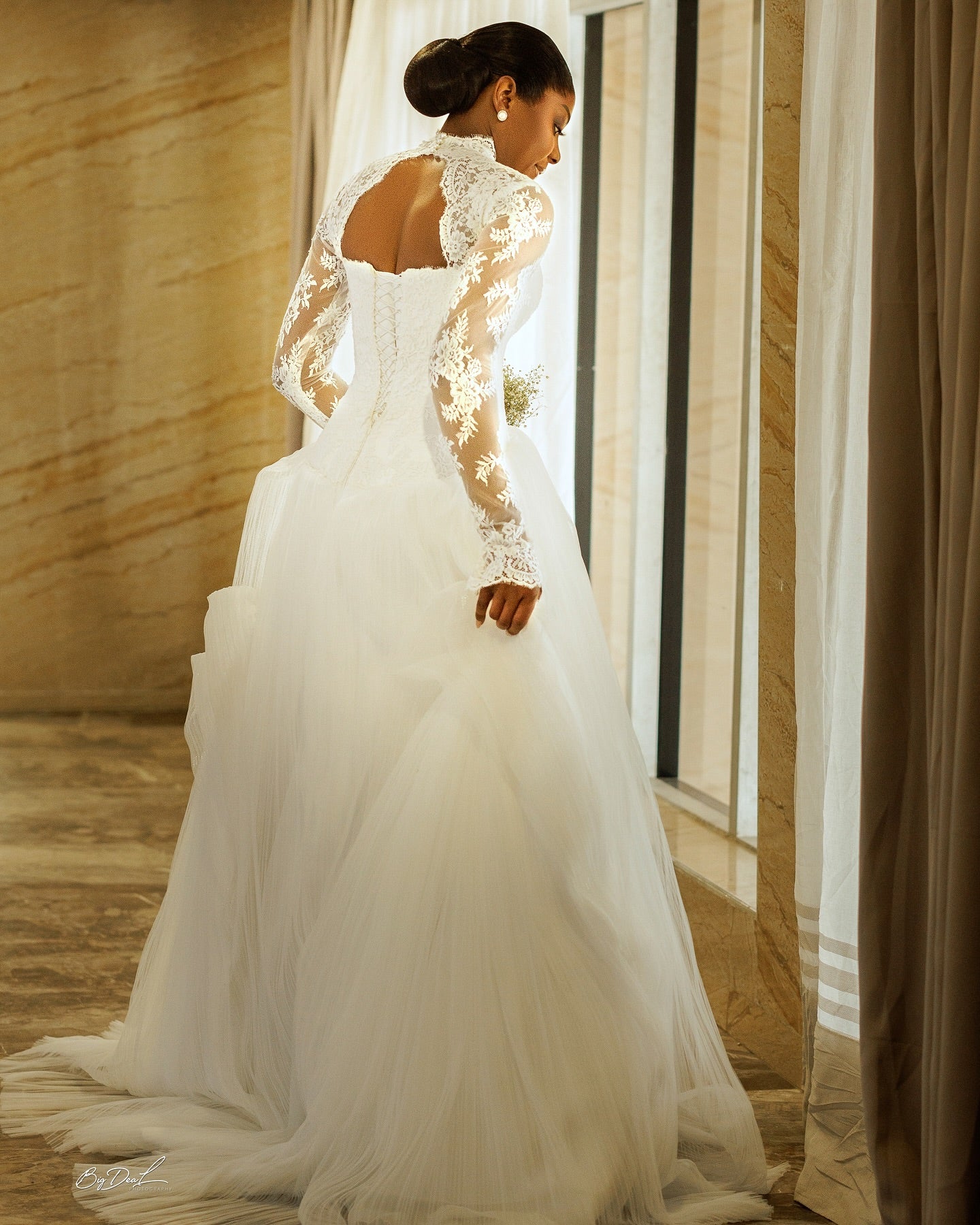 High Neck Lace Long Sleeve Ball Gown Wedding Dress