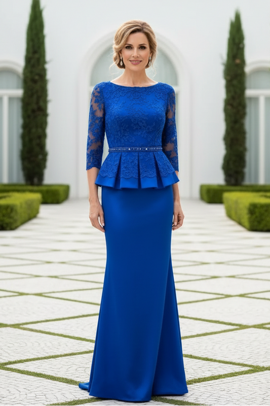Illusion Lace Sleeve Peplum Mermaid Evening Gown