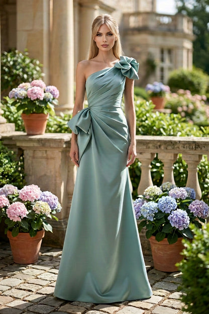 One-Shoulder Pleated Gown with Bow Accent