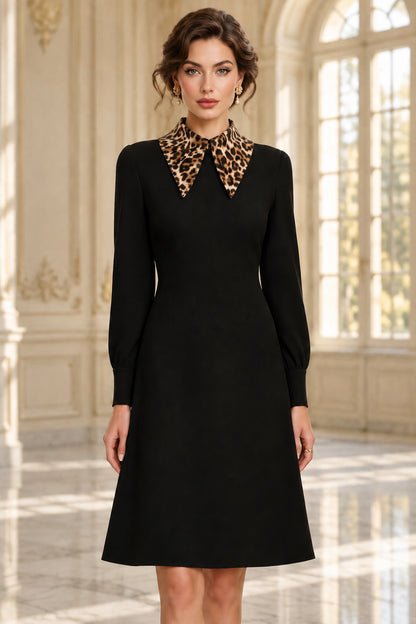A-Line Knee-Length Dress with Leopard Print Collar