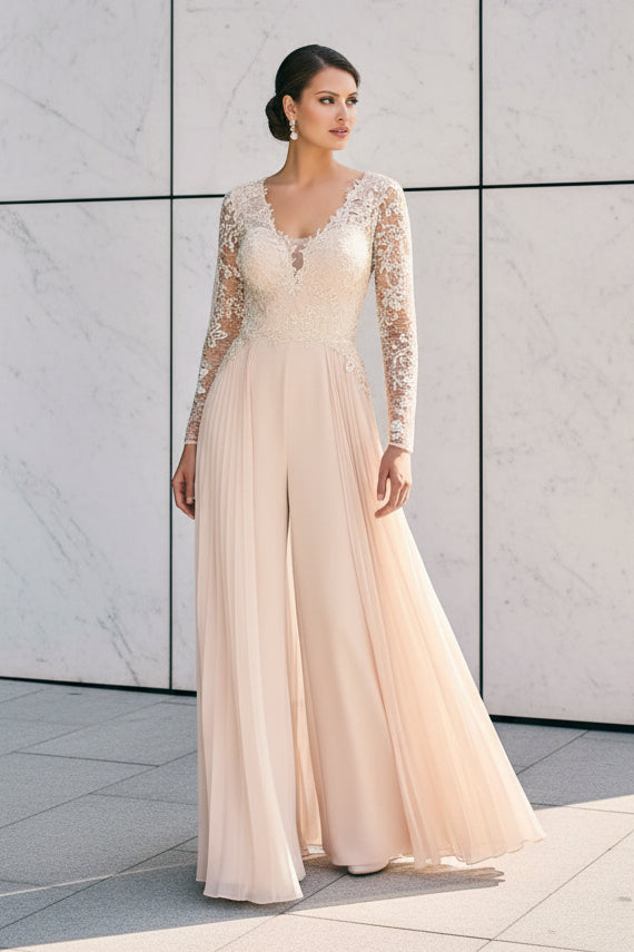 Lace Bodice Chiffon Wide-Leg Jumpsuit with Hat