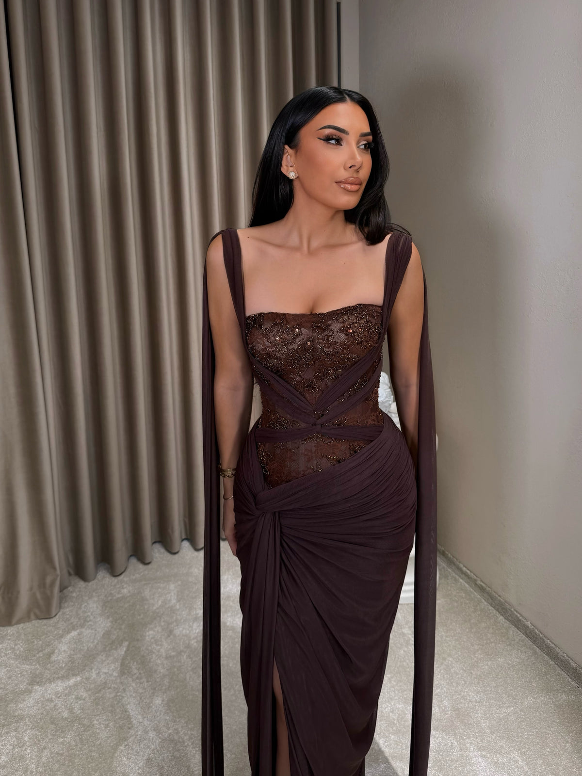 Corset Evening Gown with Beaded Bodice & Cape Straps