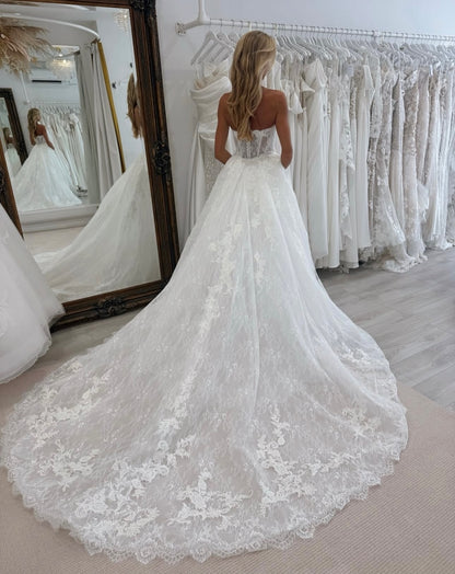 Strapless Lace Mermaid Wedding Dress with Overskirt