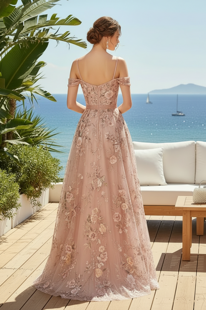 Off Shoulder Floral A-Line Evening Gown
