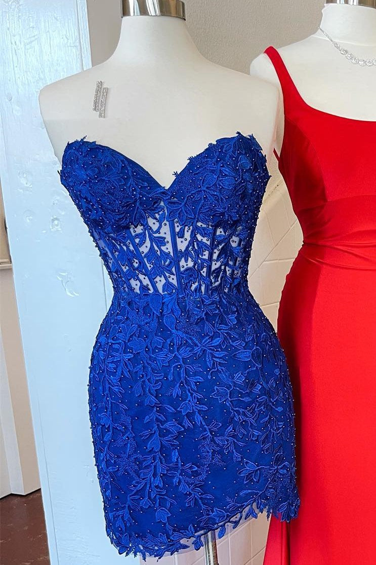 Strapless Lace Applique Corset Homecoming Dress