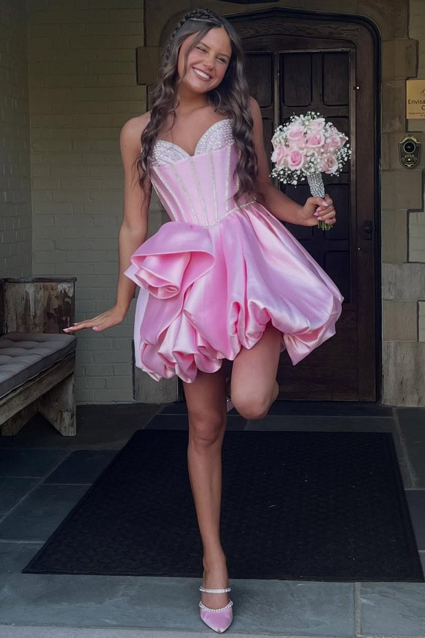 Strapless Sweetheart Pearl Corset Bubble Mini Dress