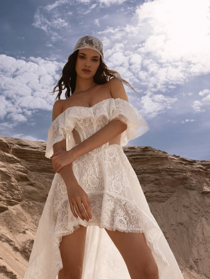 Off-Shoulder Lace High-Low Wedding Dress