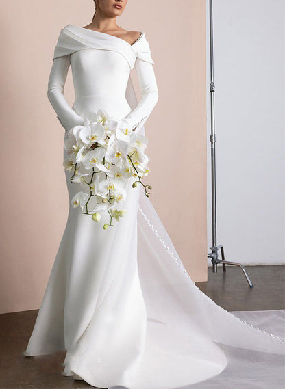 Asymmetrical Long Sleeves Elastic Satin Wedding Dresses