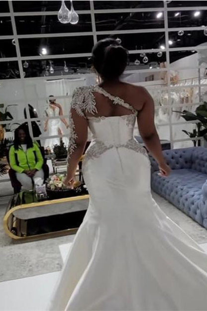 Mermaid High Split One Shoulder Floor-length Long Sleeve Open Back Appliques Lace Wedding Dresses