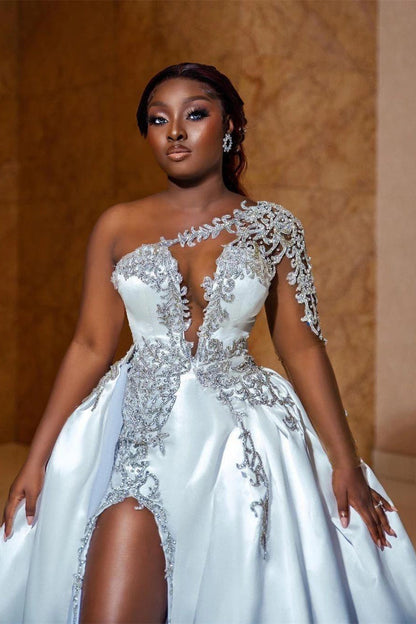 Mermaid High Split One Shoulder Floor-length Long Sleeve Open Back Appliques Lace Wedding Dresses