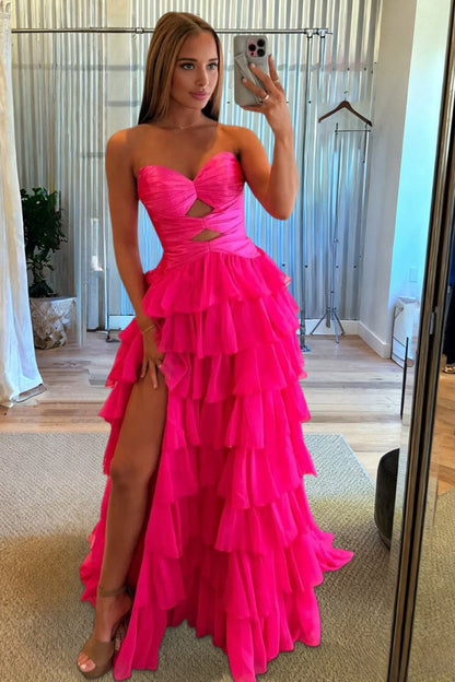 Fuchsia - Strapless A Line Chiffon Ruffled Prom Dresses With Cutout