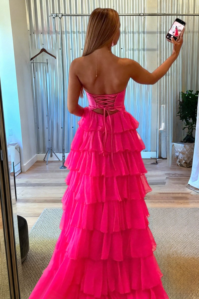 Fuchsia - Strapless A Line Chiffon Ruffled Prom Dresses With Cutout