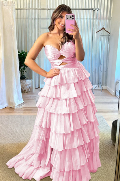 Fuchsia - Strapless A Line Chiffon Ruffled Prom Dresses With Cutout