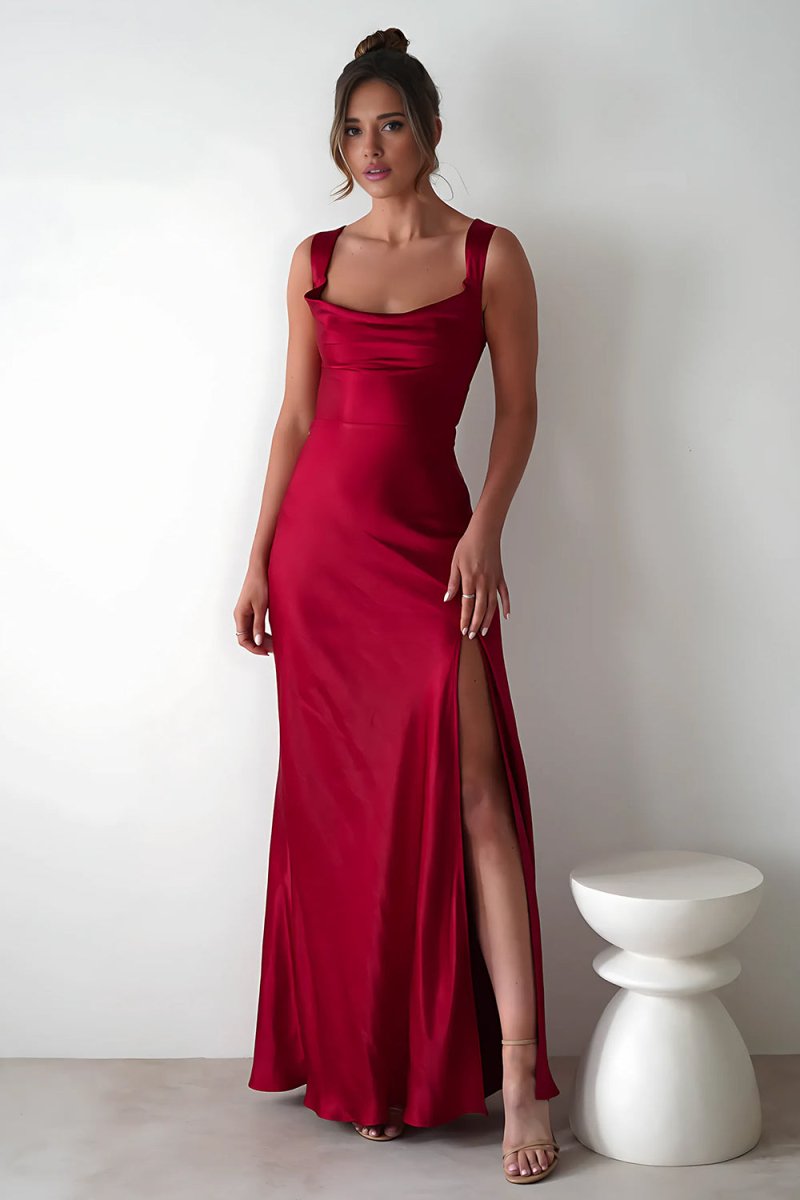 Red - A-Line Square Neck Satin Long Prom Dresses with Slit