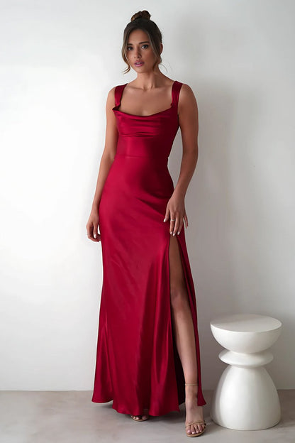 Red - A-Line Square Neck Satin Long Prom Dresses with Slit