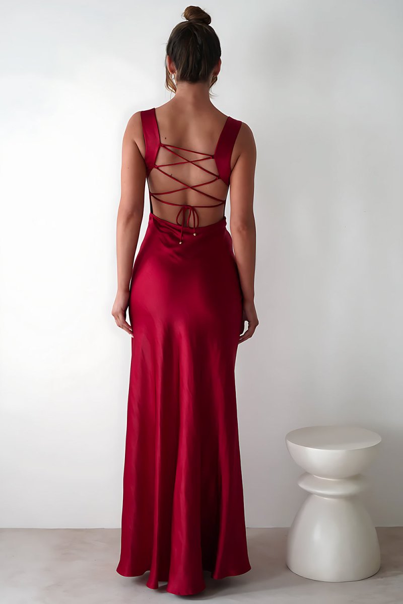 Red - A-Line Square Neck Satin Long Prom Dresses with Slit