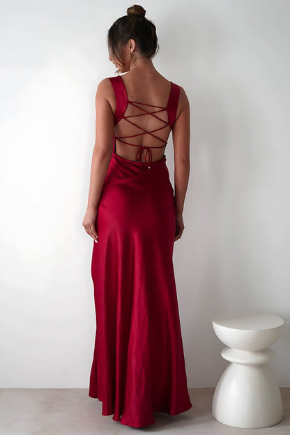 Red - A-Line Square Neck Satin Long Prom Dresses with Slit