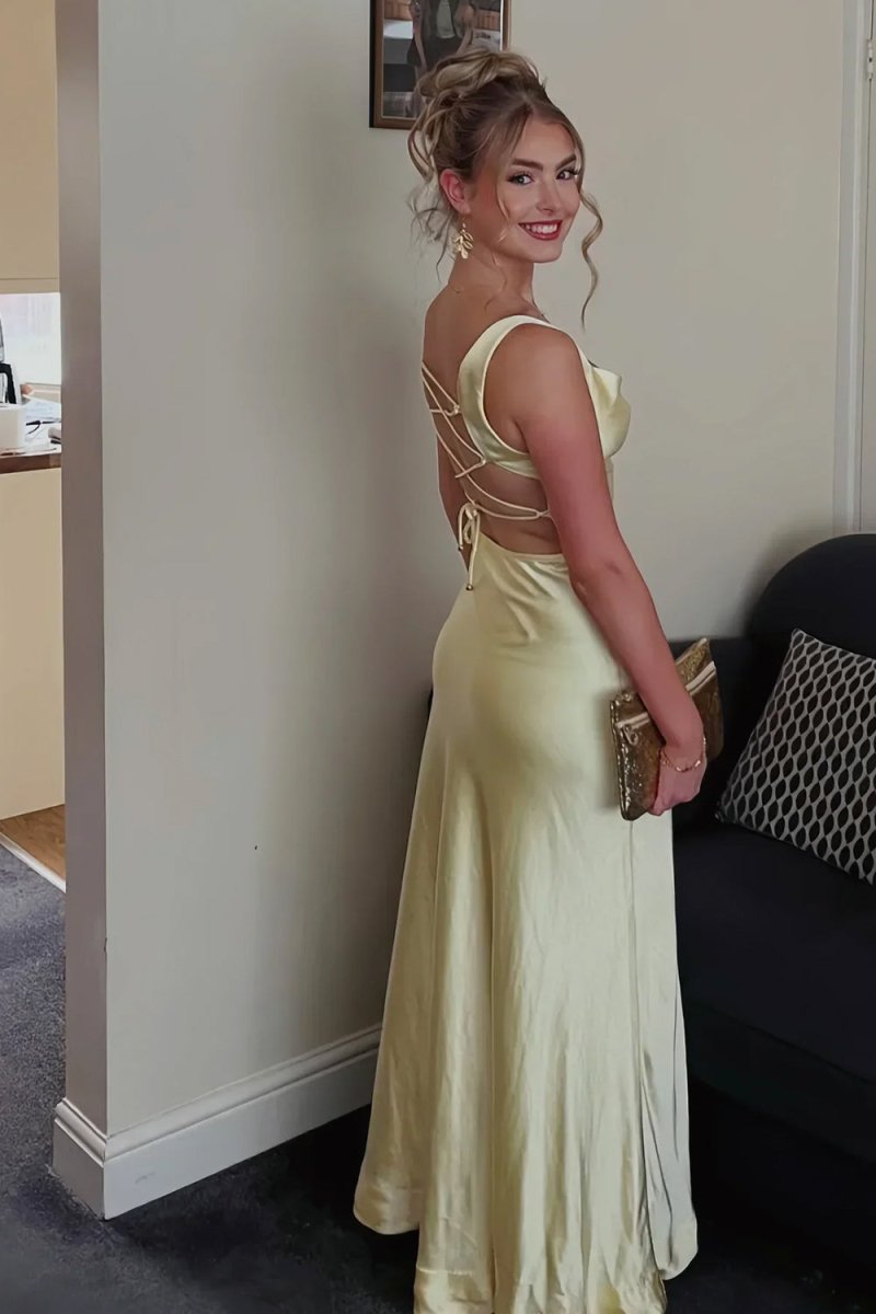 Red - A-Line Square Neck Satin Long Prom Dresses with Slit