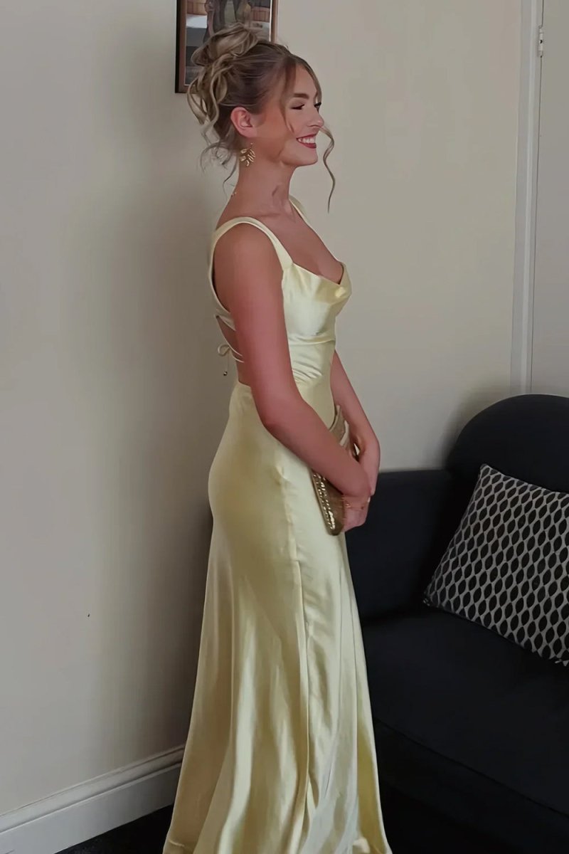 Red - A-Line Square Neck Satin Long Prom Dresses with Slit