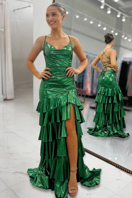 Dark Green - Spaghetti Straps Mermaid Metallic Ruffled Prom Dresses With Slit