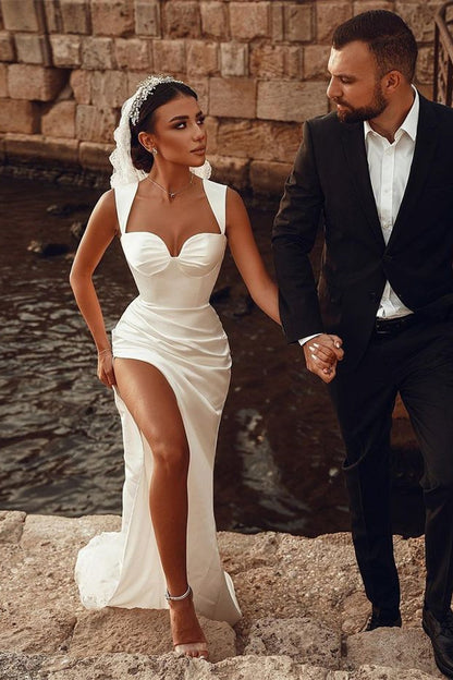 White Sweetheart Mermaid Split Wedding Dress