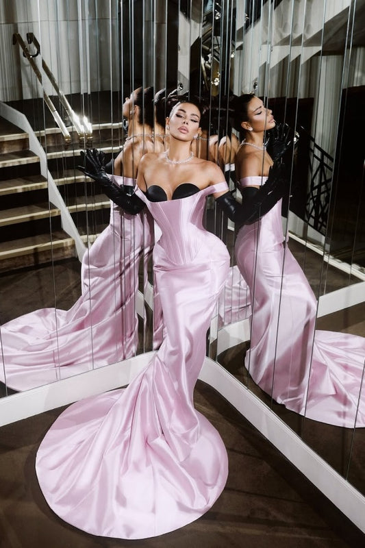 Strapless Sleeveless Long Mermaid Prom Dress With Pleated Gloves