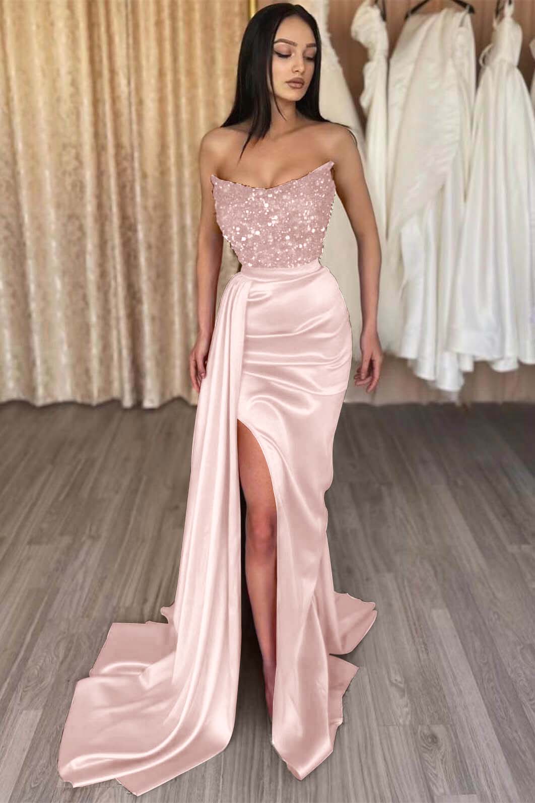 Red Strapless Elegant Sleeveless Long Sequins Prom Dress Mermaid Side Split