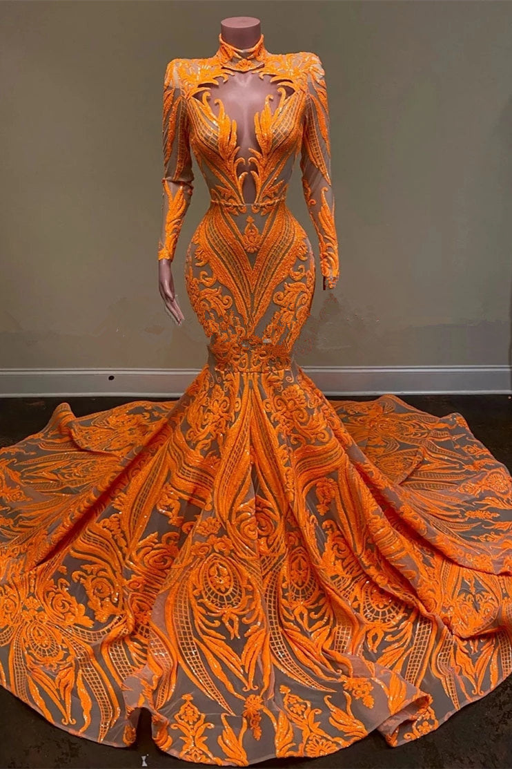 High Neck Mermaid Orange Long Sleeves Prom Dress Sequins Lace With Appliques